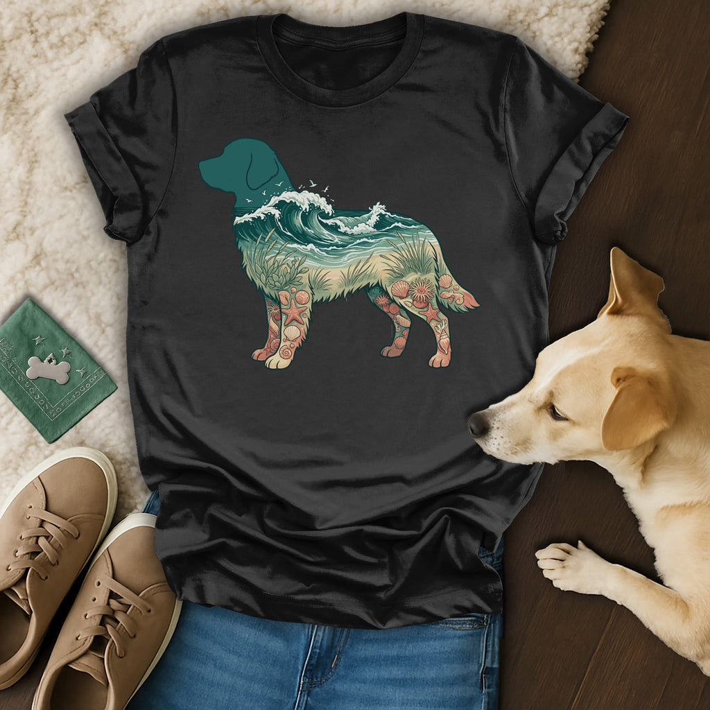 Black t-shirt with a dog silhouette filled with a beach scene.