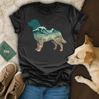Black t-shirt with a dog silhouette filled with a beach scene.