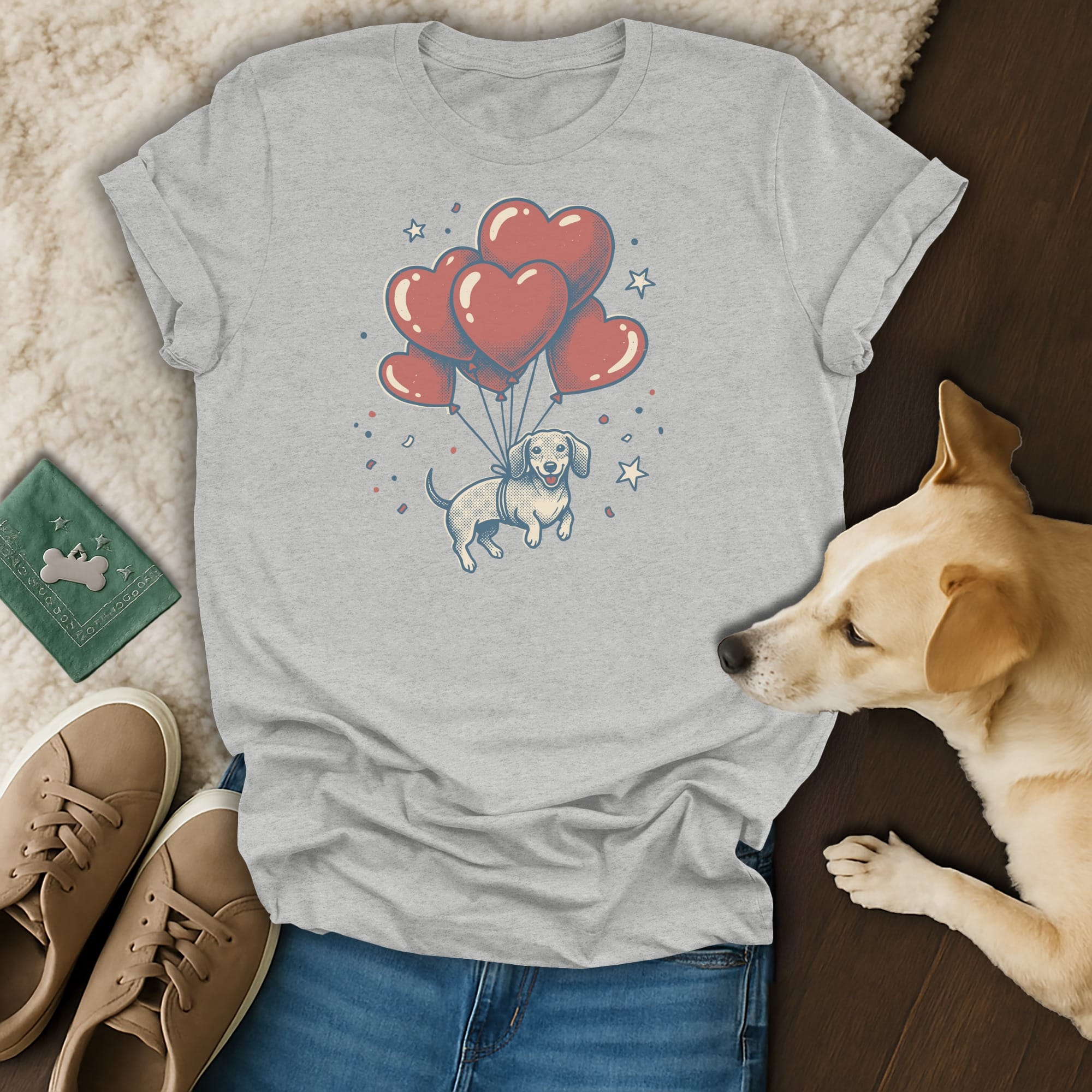 T-shirt with dachshund holding red heart balloons and confetti graphic.
