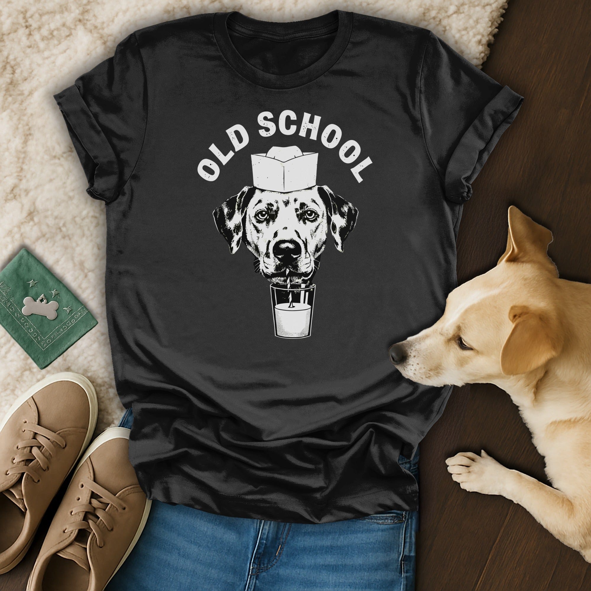 Old School Dog with Milk Graphic T-Shirt Apparel
