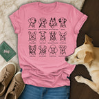 Pink t-shirt with illustrations and names of various dog breeds.
