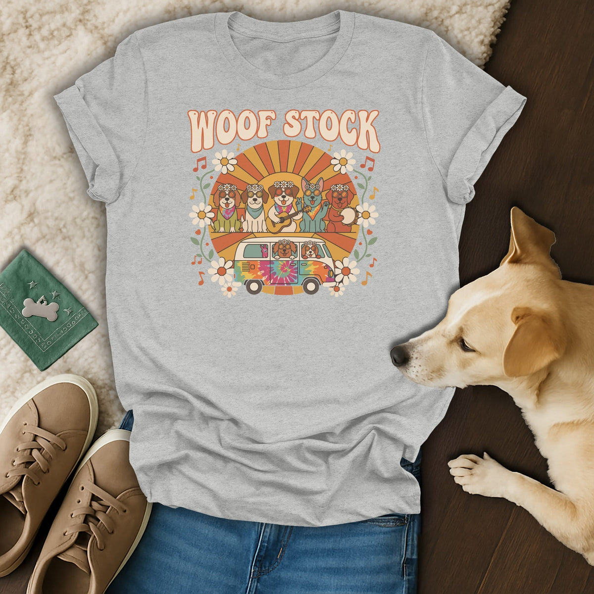 Grey t-shirt with "Woof Stock" text and dogs in a tie-dye van.