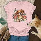A light pink t-shirt with a tattoo-style Boxer dog graphic and the text DOG MOM.