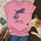 Pink t-shirt with a jumping dog graphic and "All In" text.