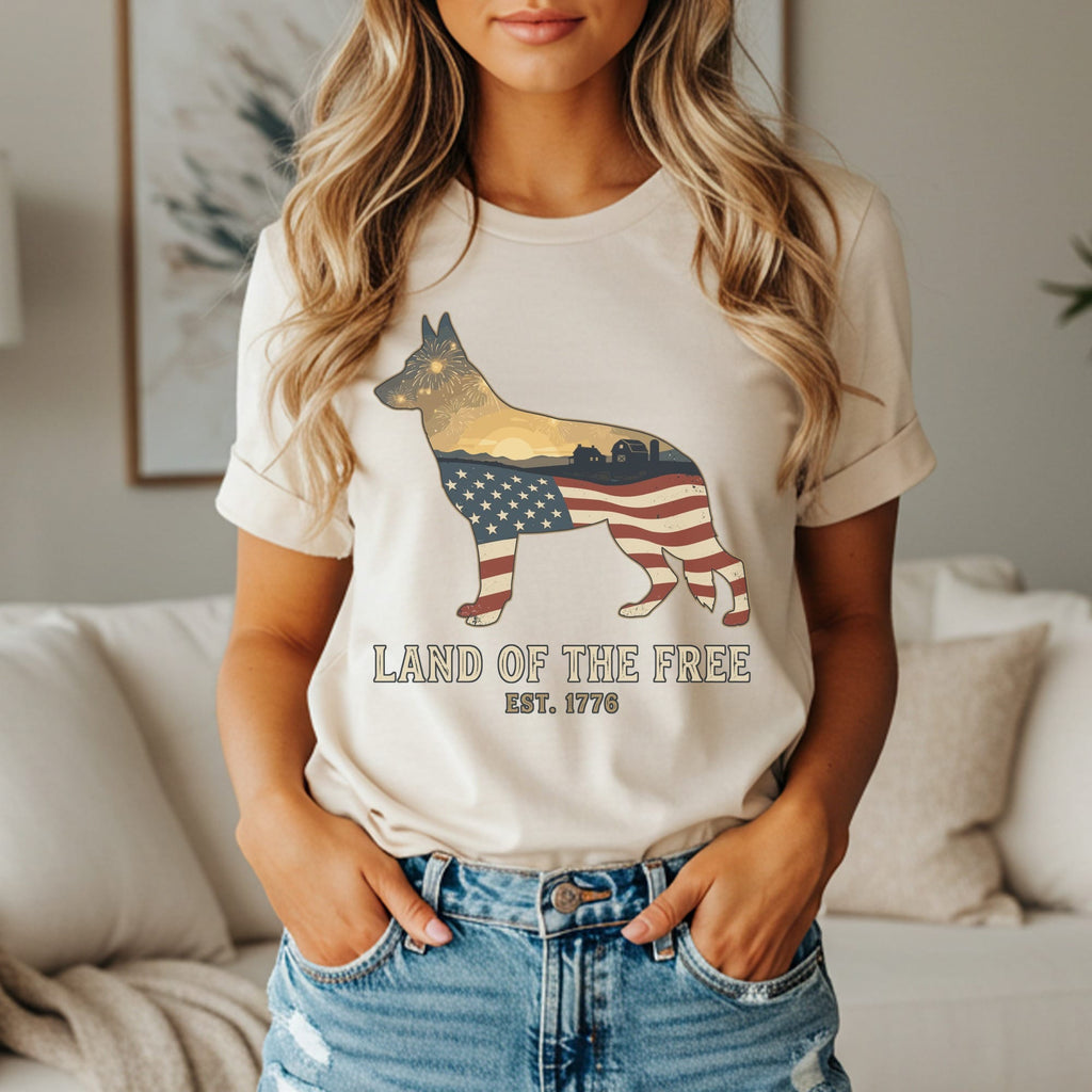 German Shepherd outline filled with patriotic American landscape and fireworks.