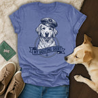Blue t-shirt with graphic of a dog wearing a captain's hat and text "My Boating Shirt".
