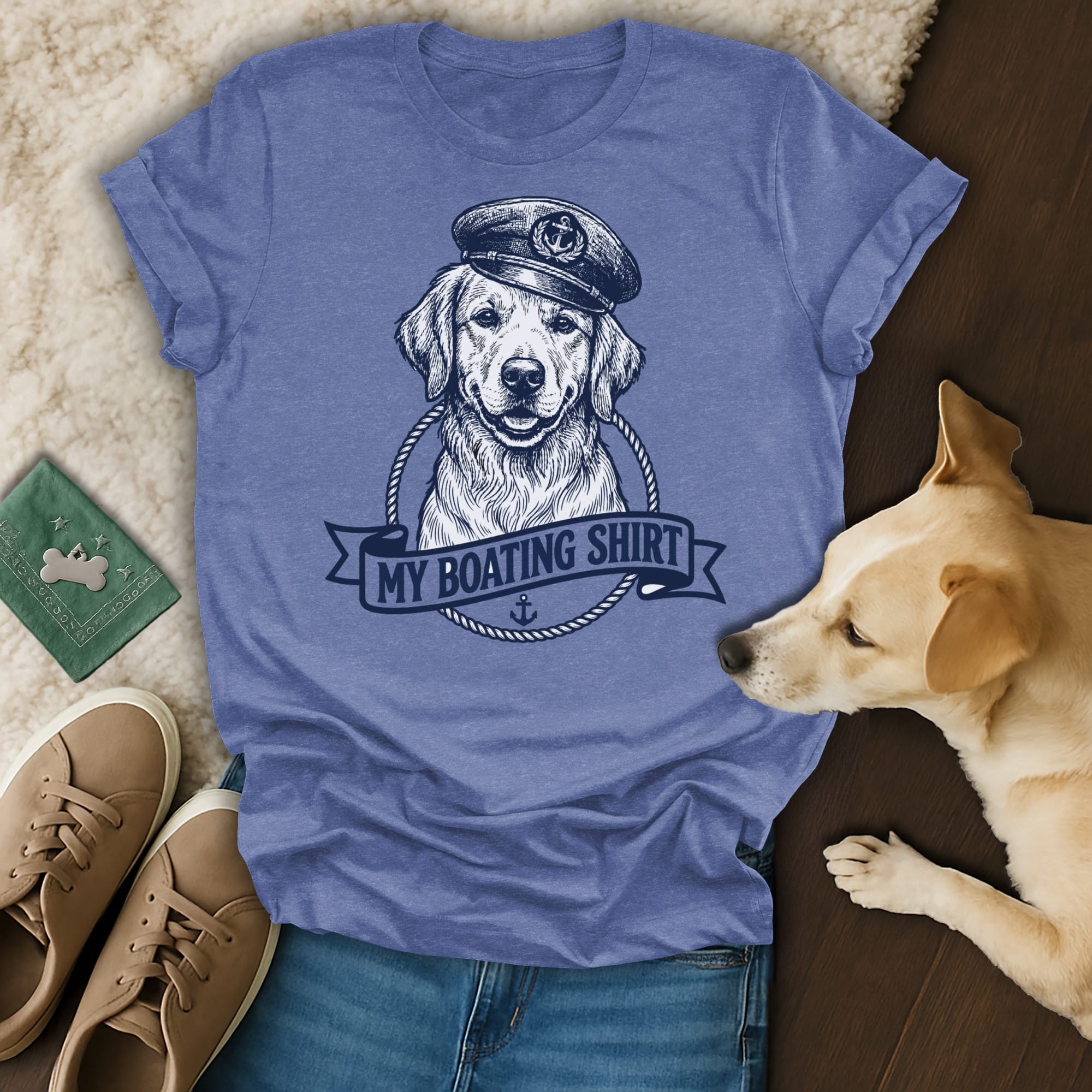 Blue t-shirt with graphic of a dog wearing a captain's hat and text "My Boating Shirt".
