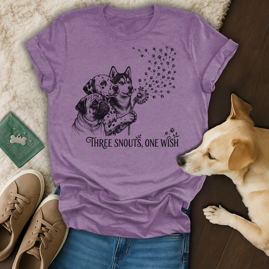 Three dog snouts with dandelions and "Three Snouts, One Wish" text.