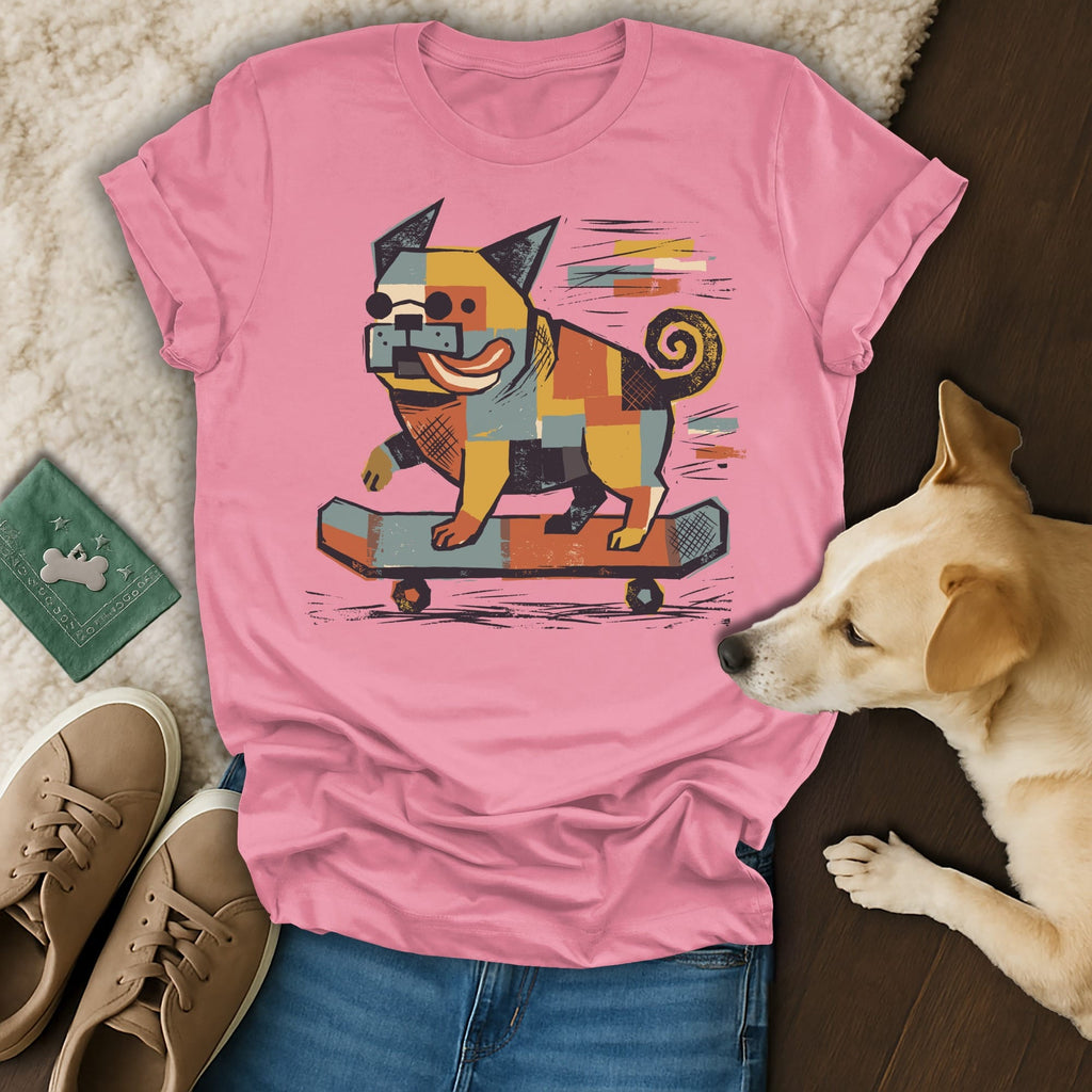 Pink t-shirt with a pixelated dog on a skateboard graphic.