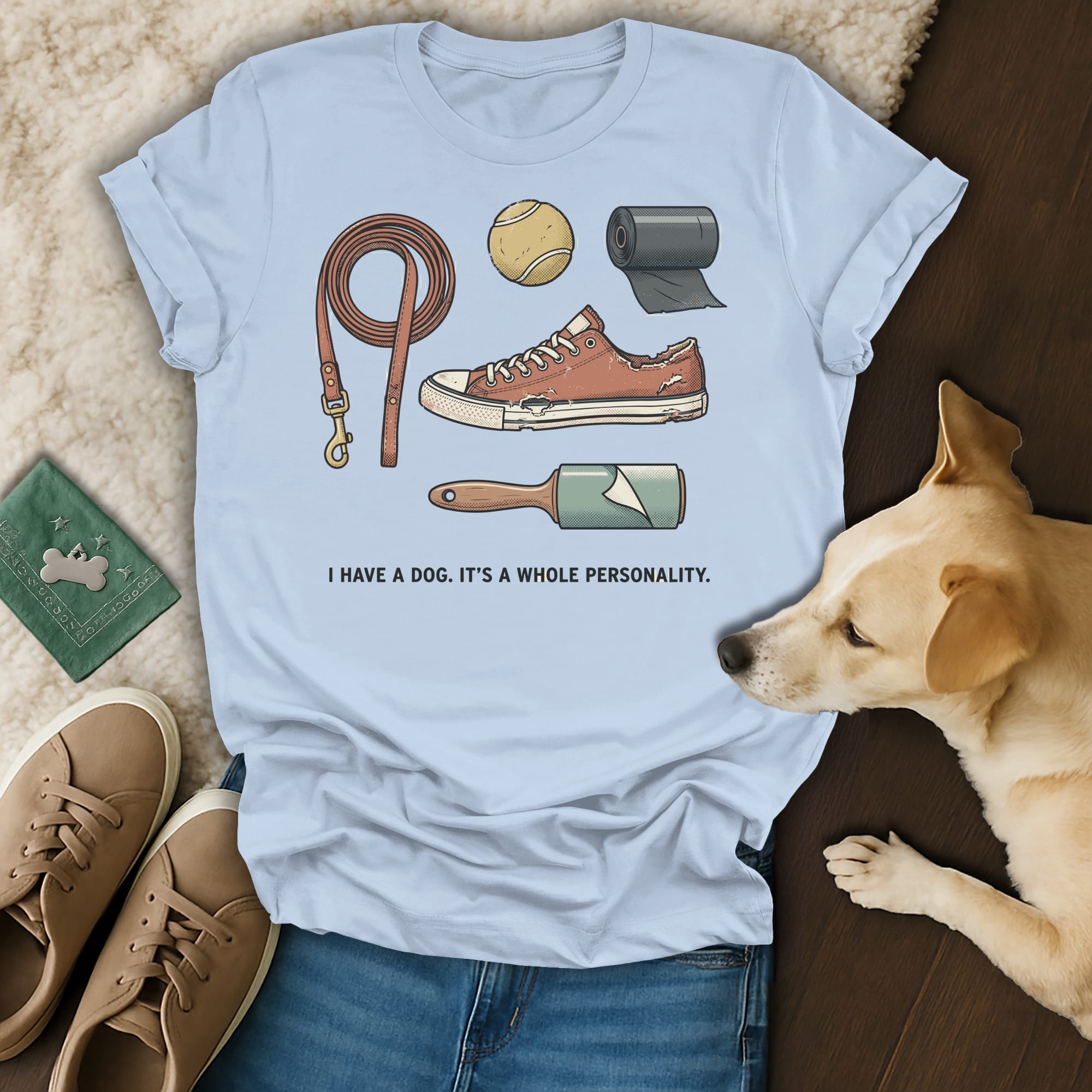 Light blue t-shirt with cartoon dog items and text "I HAVE A DOG. IT'S A WHOLE PERSONALITY."