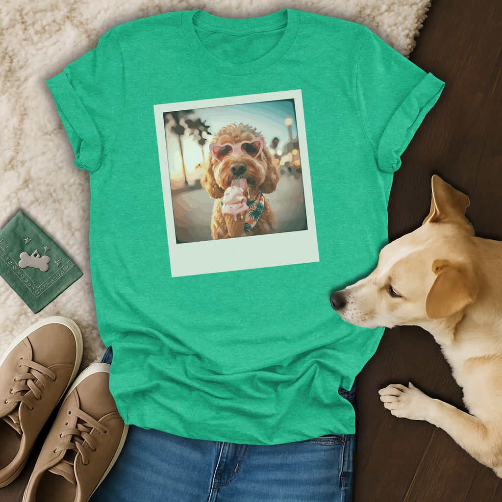 Green t-shirt with a golden doodle wearing heart sunglasses eating ice cream.