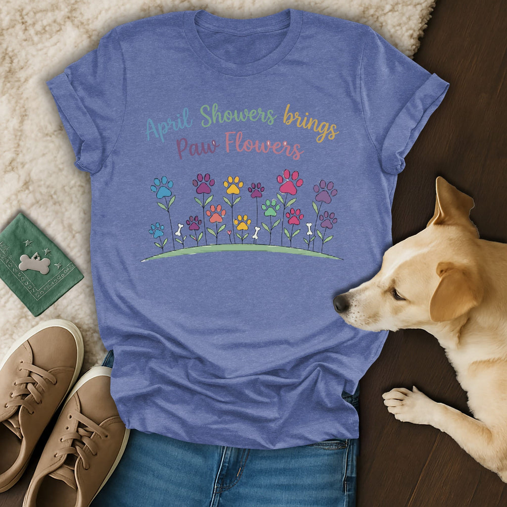 Purple t-shirt with "April Showers Brings Paw Flowers" text and colorful flowers.