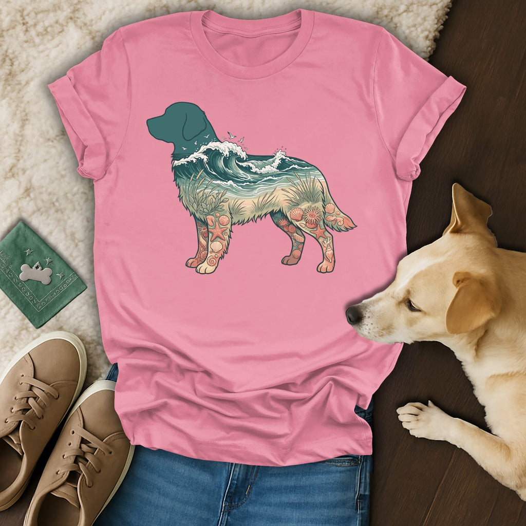 Pink t-shirt with a dog silhouette filled with ocean and beach scene.
