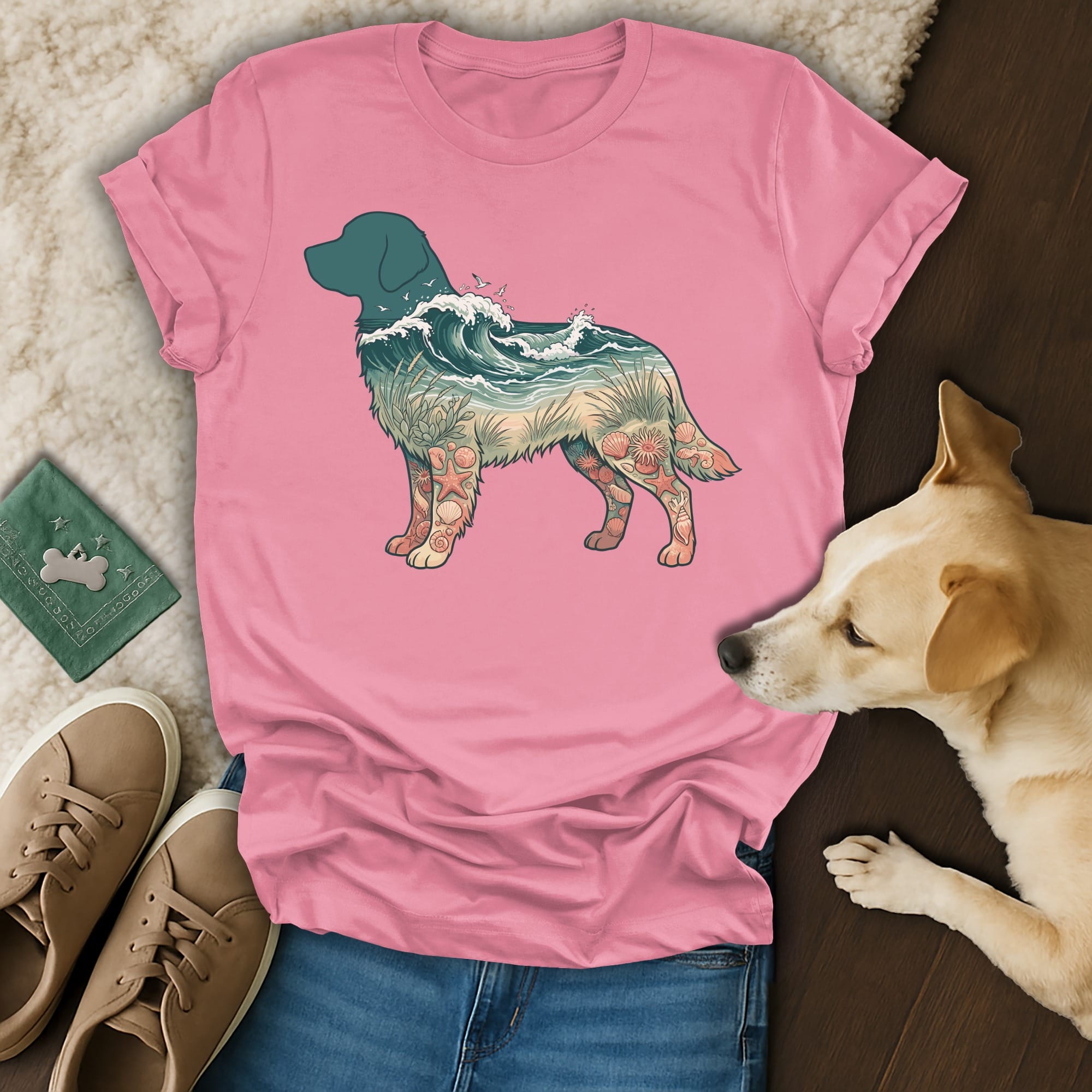 Pink t-shirt with a dog silhouette filled with ocean and beach scene.