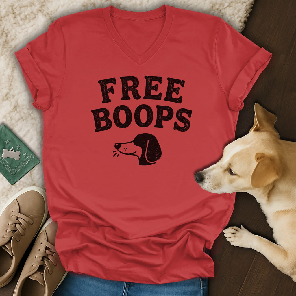 Red v-neck t-shirt with "FREE BOOPS" text and dog head graphic.
