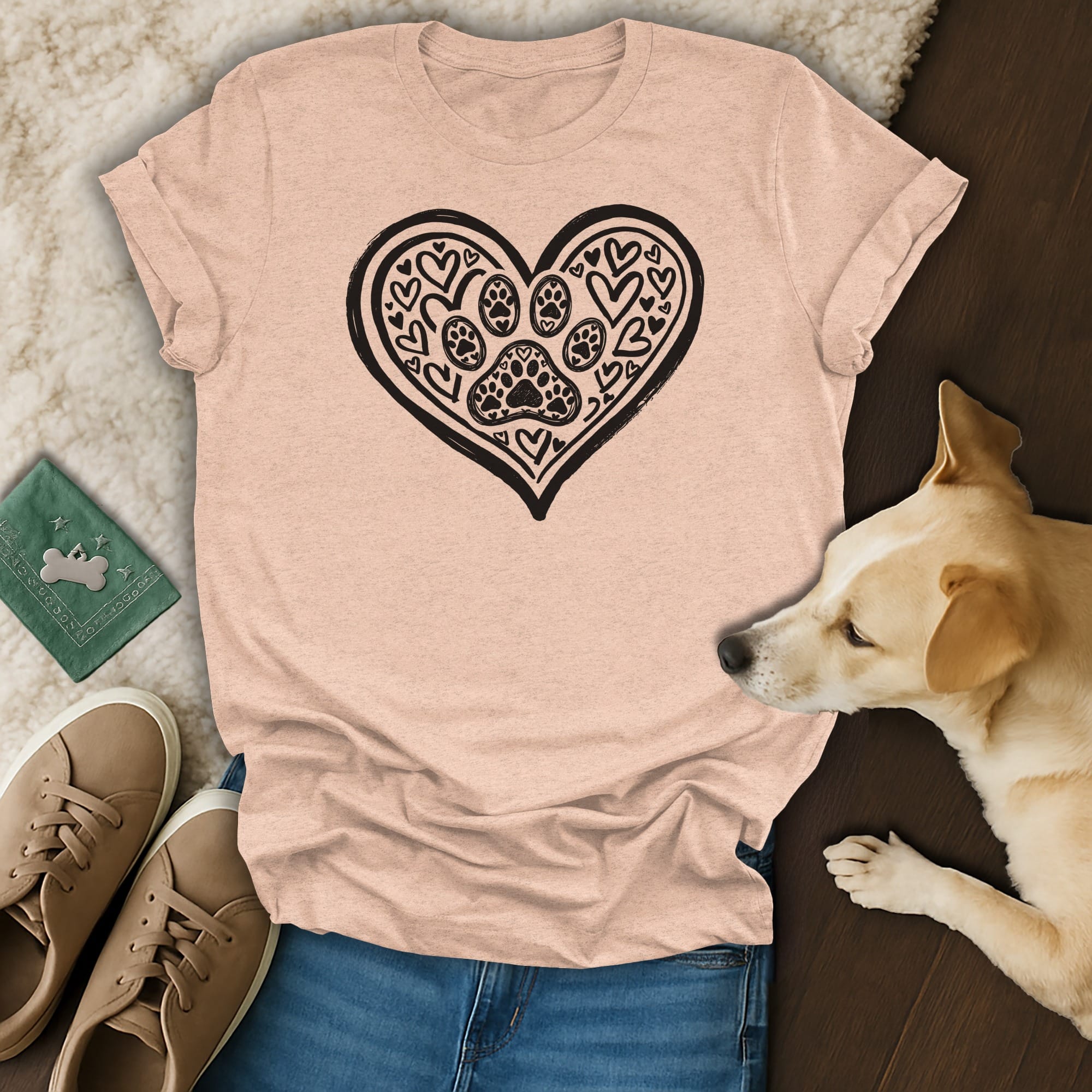 Pink t-shirt with black heart and paw print design, worn by a dog.