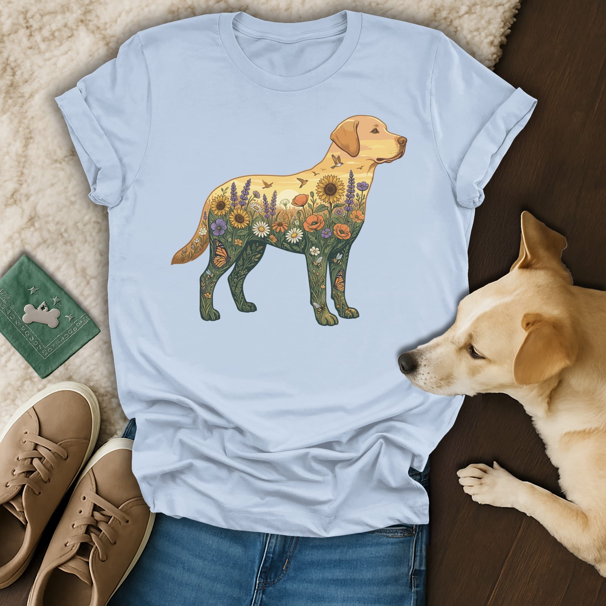 Yellow labrador outline filled with flowers, butterflies, and bees on a light blue t-shirt.