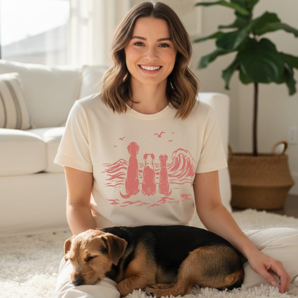 Woman wearing cream t-shirt with stylized dogs and waves graphic.