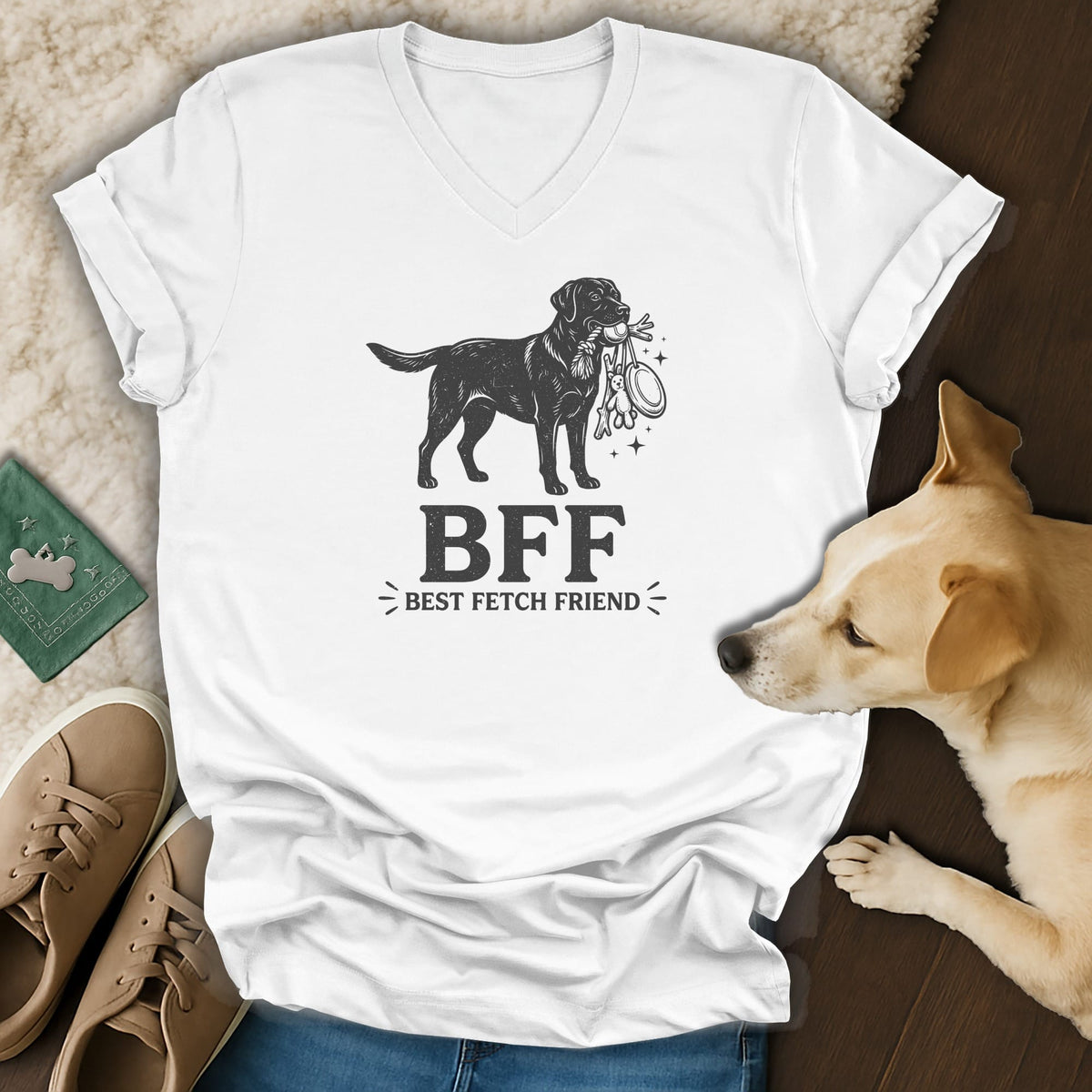 White v-neck t-shirt with black graphic of dog holding toys, text BFF Best Fetch Friend.