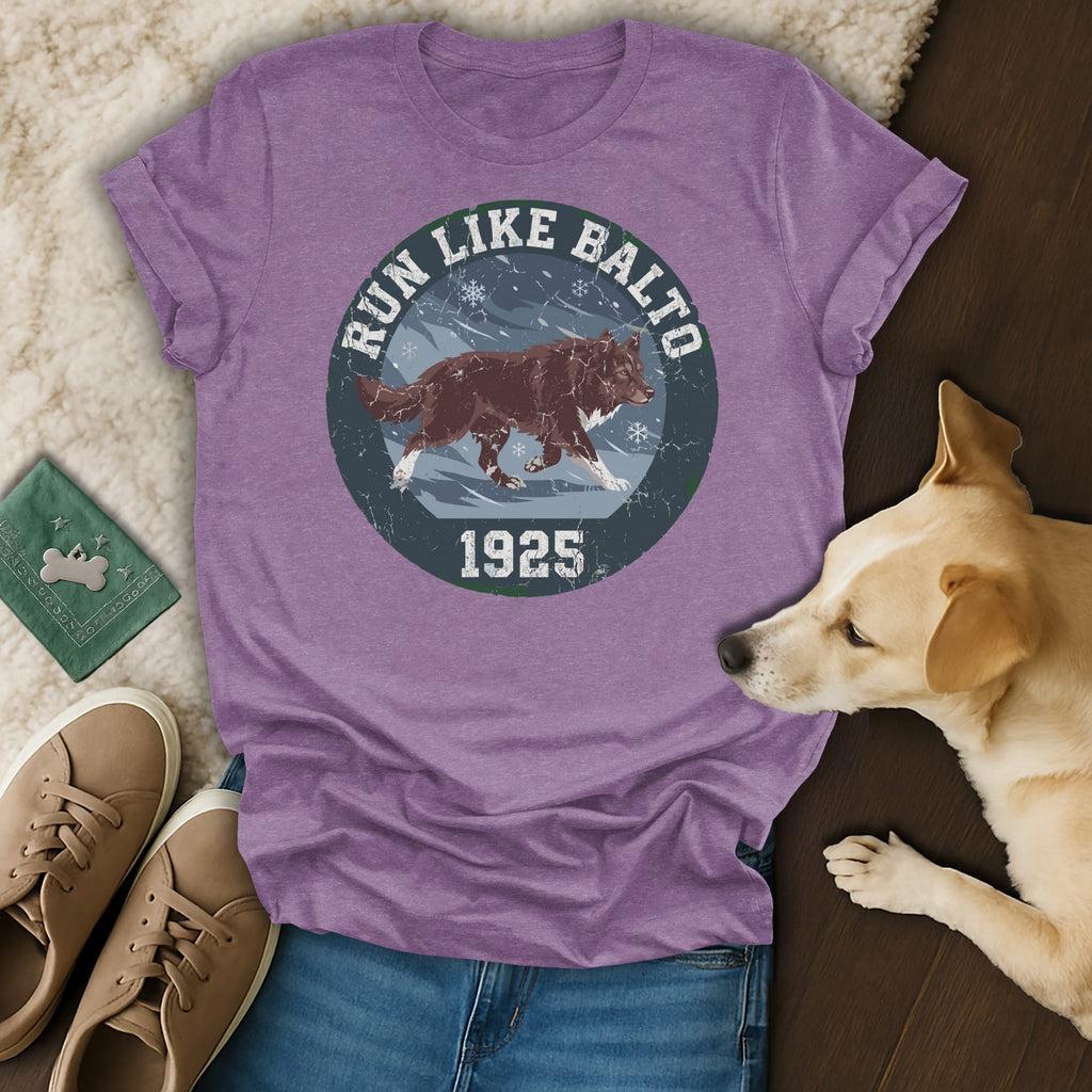 Purple t-shirt with "Run Like Balto 1925" and a husky running in snow.