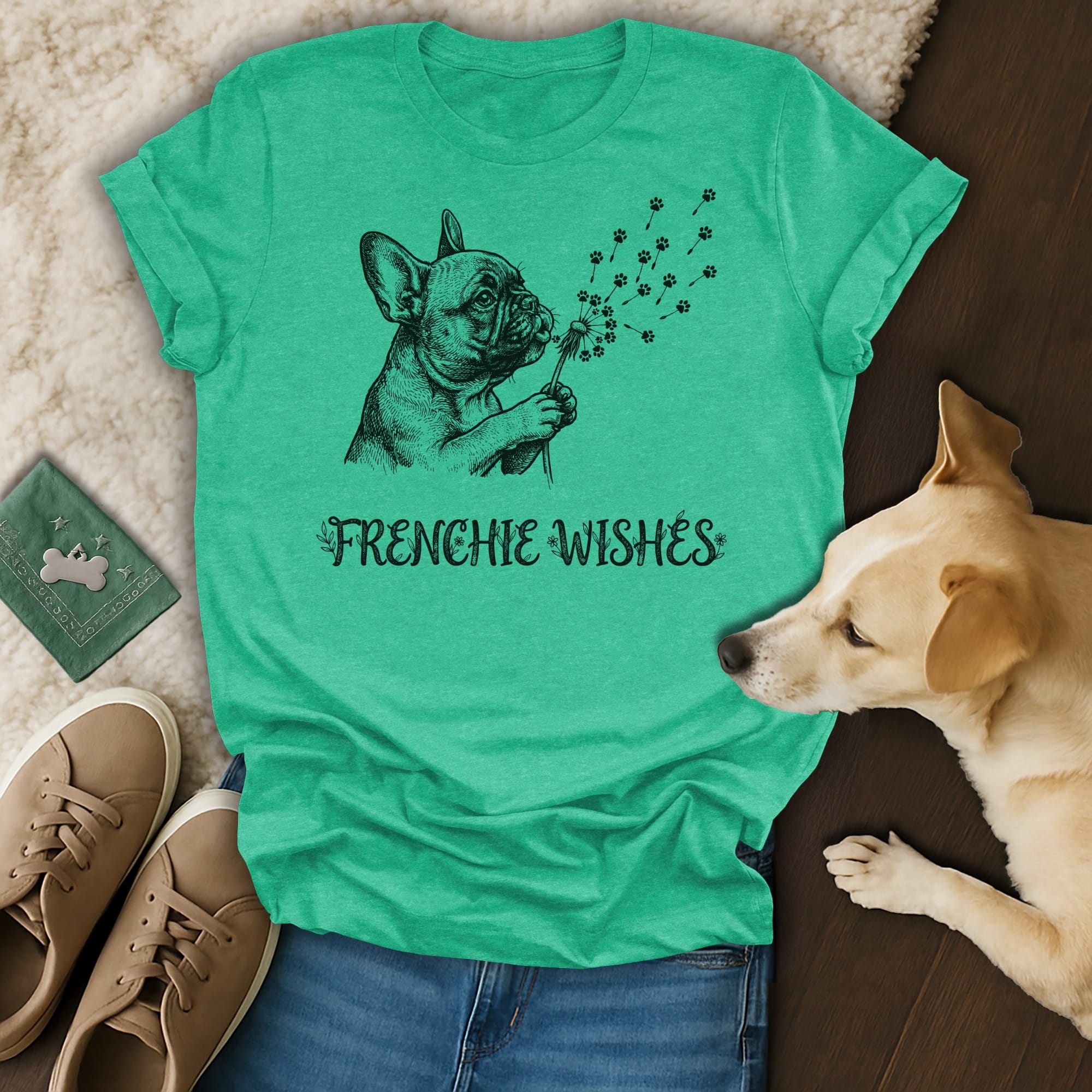 Frenchie wishes graphic on a teal t-shirt with dandelion fluff.