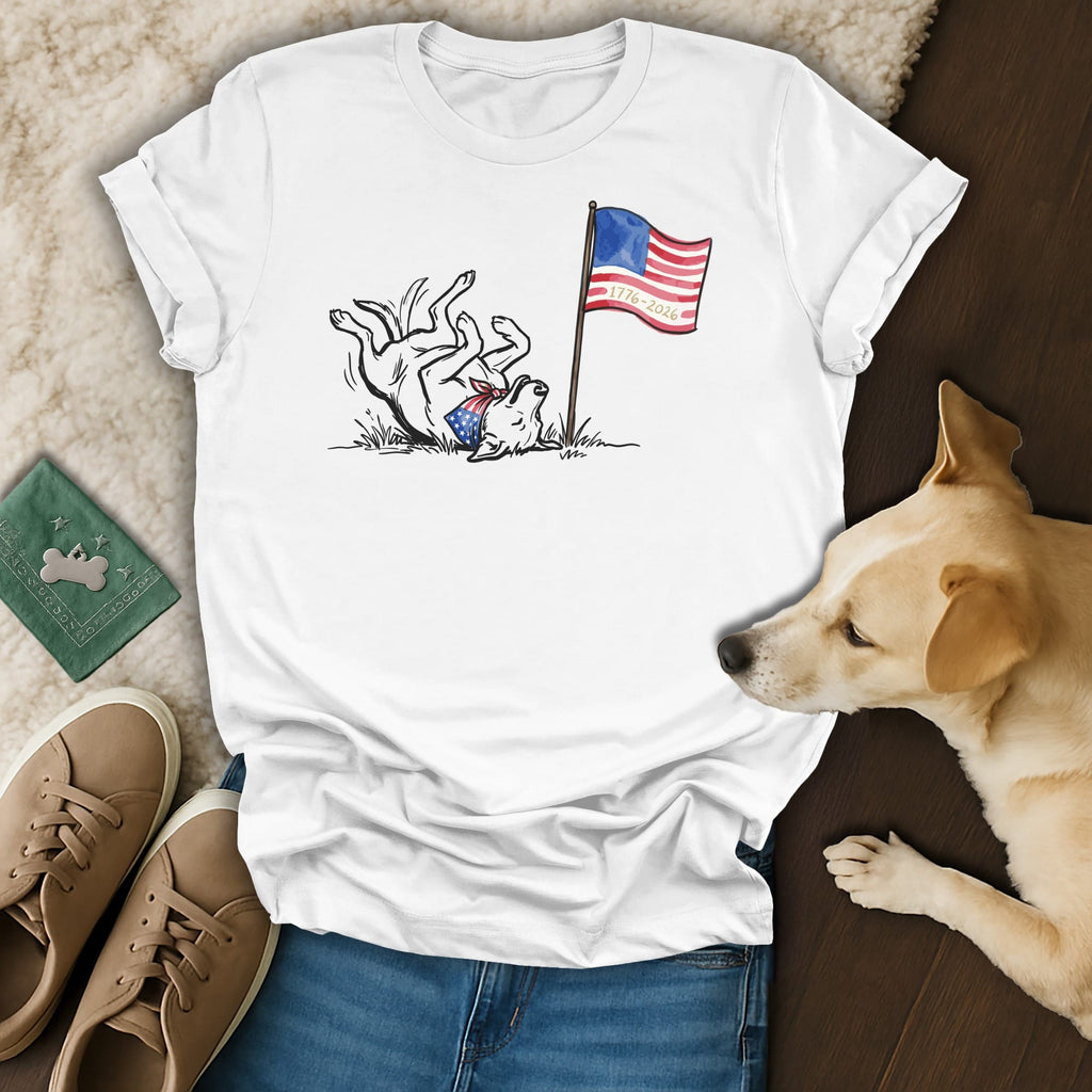 White t-shirt with a cartoon dog and "1776-2026" next to a flag.