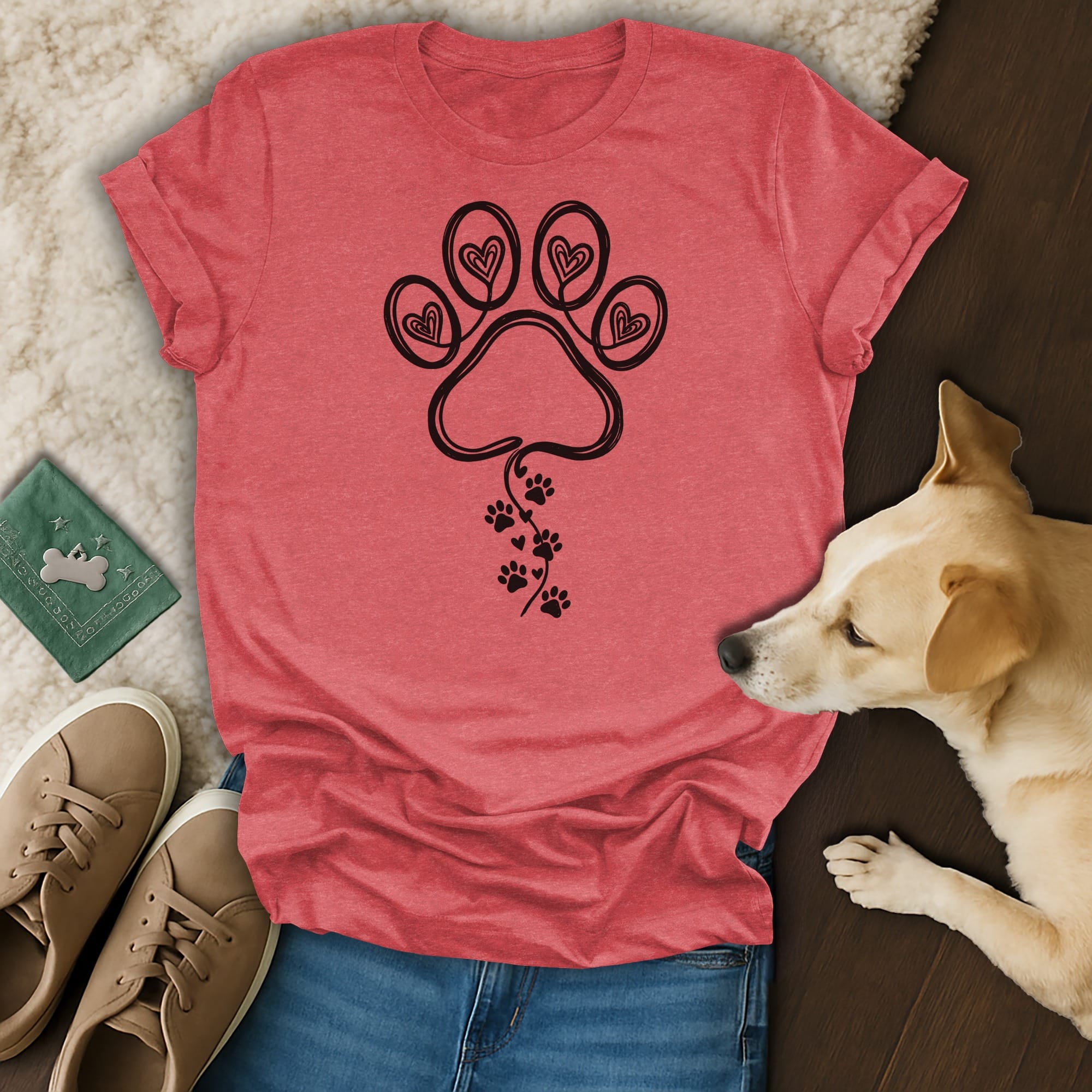 Red t-shirt with black paw print heart design and a dog.