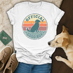 White t-shirt with distressed "Official Good Boy" text and dog graphic.