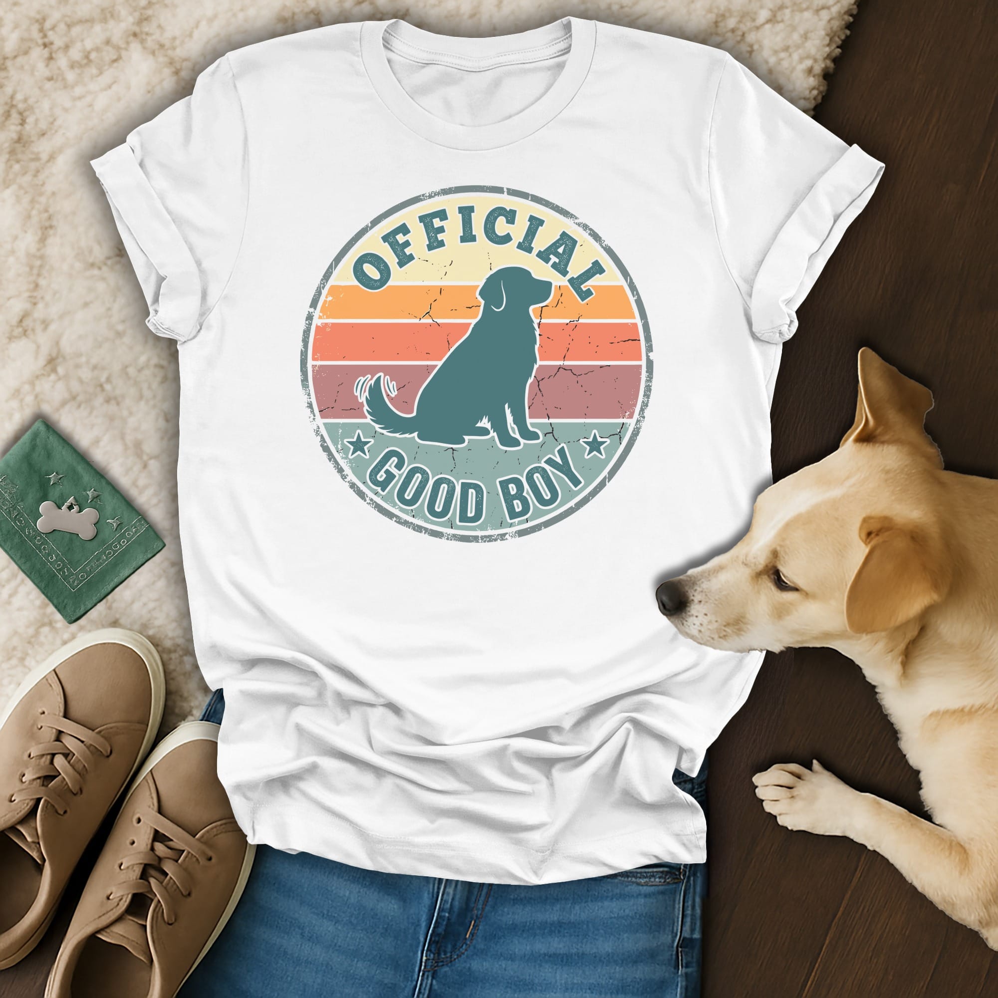 White t-shirt with distressed "Official Good Boy" text and dog graphic.
