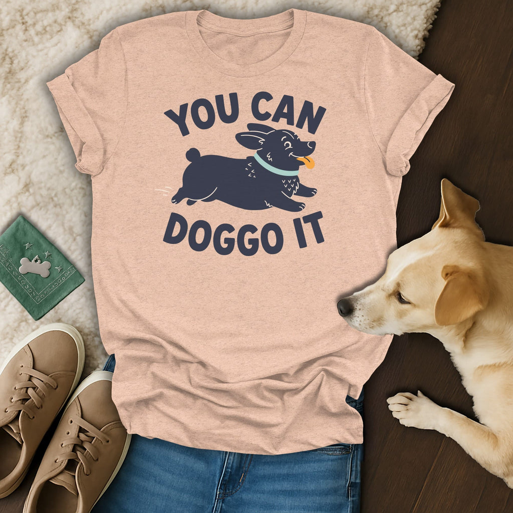 Peach t-shirt with dark blue text "YOU CAN DOGGO IT" and a cartoon dog.