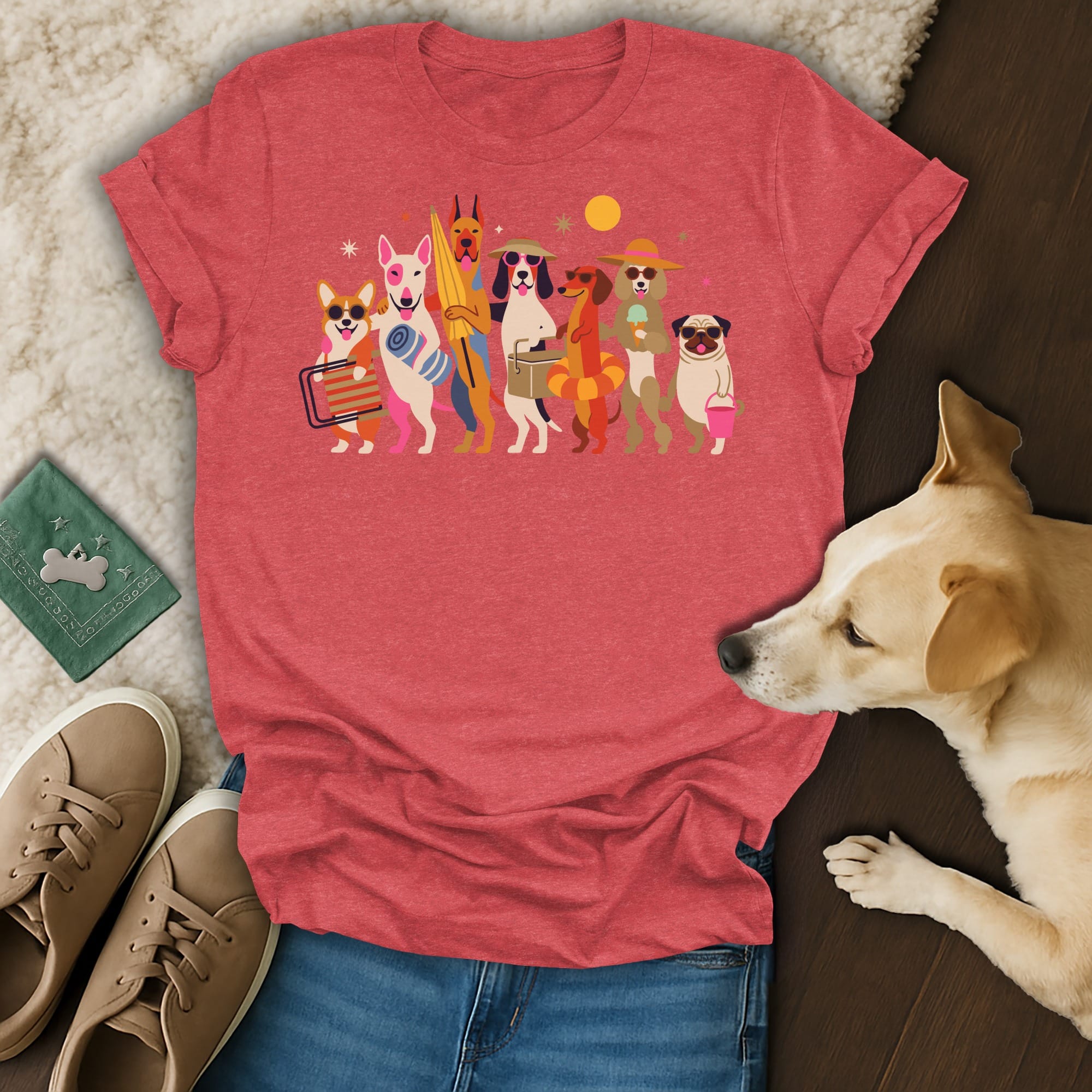 Red t-shirt with cartoon dogs dressed for summer vacation
