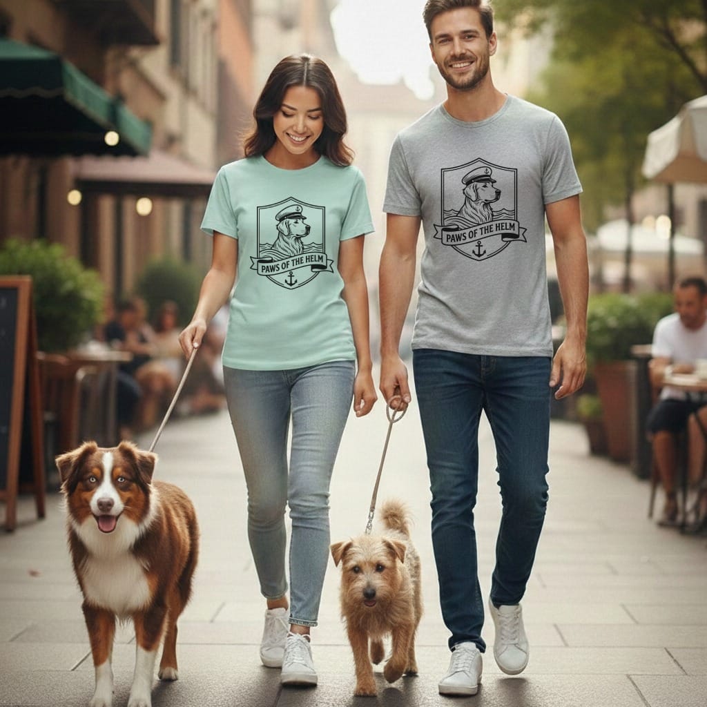 Couple walking dogs on leash, wearing t-shirts with a nautical dog logo.