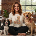 A smiling woman wearing a Doodle Mama t-shirt sits cross-legged on the floor, flanked by two dogs.