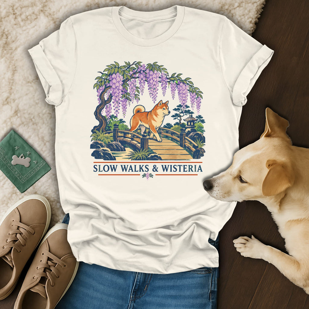 Off-white t-shirt featuring a Japanese-style illustration of a Shiba Inu on a bridge under wisteria.