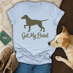 Light blue t-shirt with a houndstooth dog silhouette and "Get My Point" text.