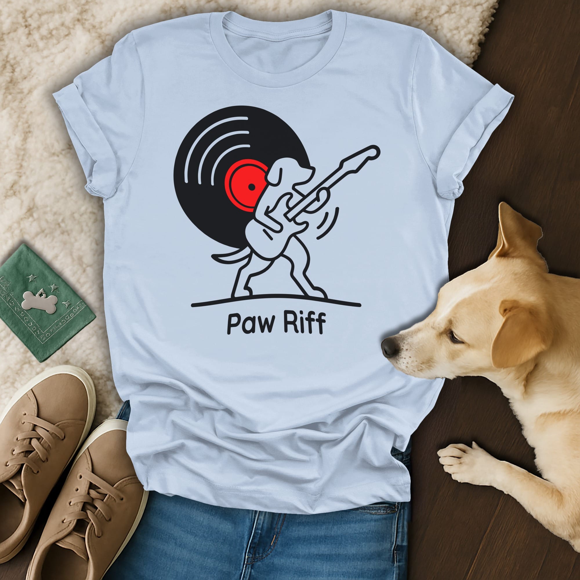 Dog playing guitar with vinyl record graphic and "Paw Riff" text.