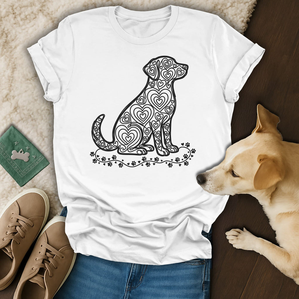 White t-shirt with a black heart-filled dog silhouette design.