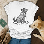 White t-shirt with a black heart-filled dog silhouette design.