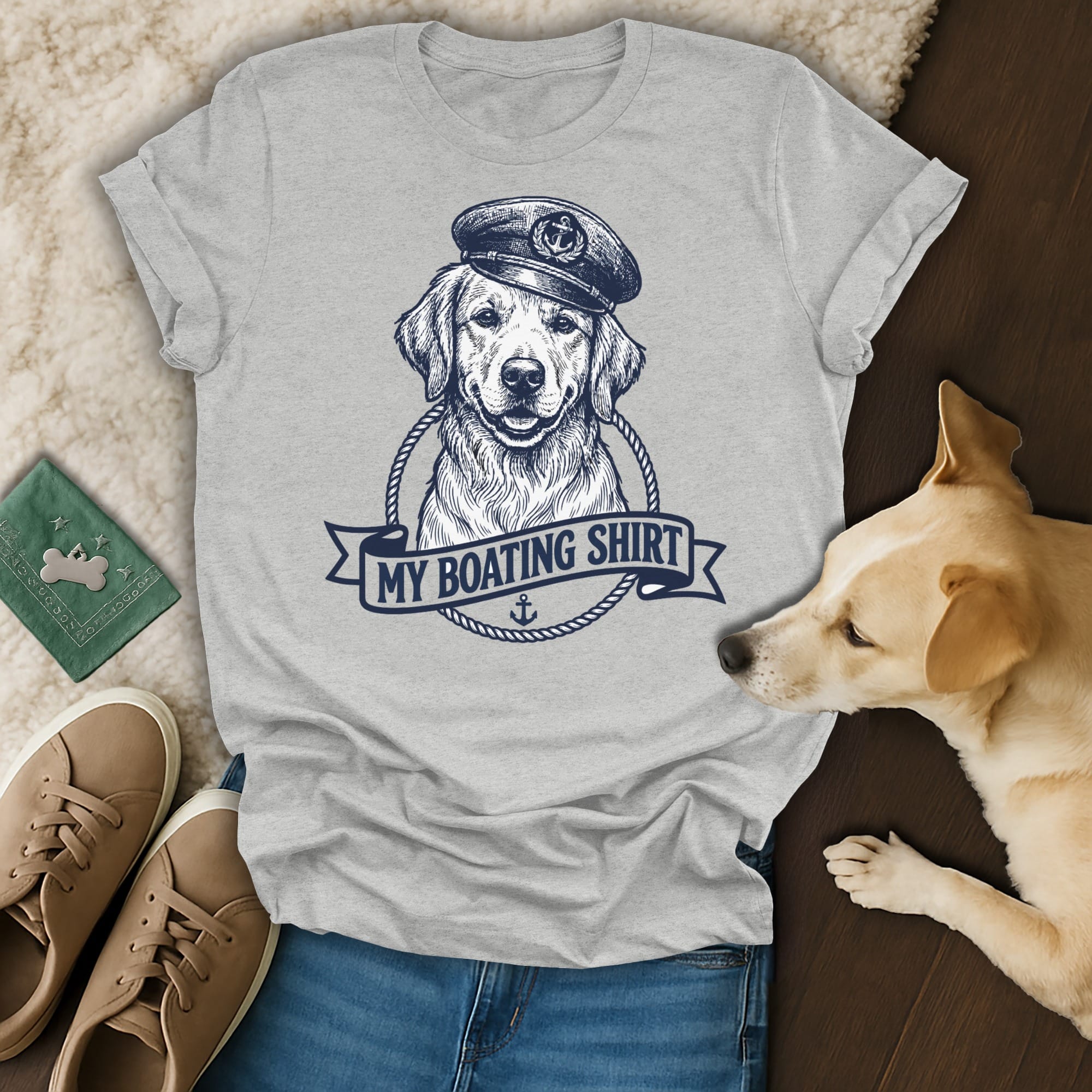 T-shirt with a drawing of a dog in a captain's hat.