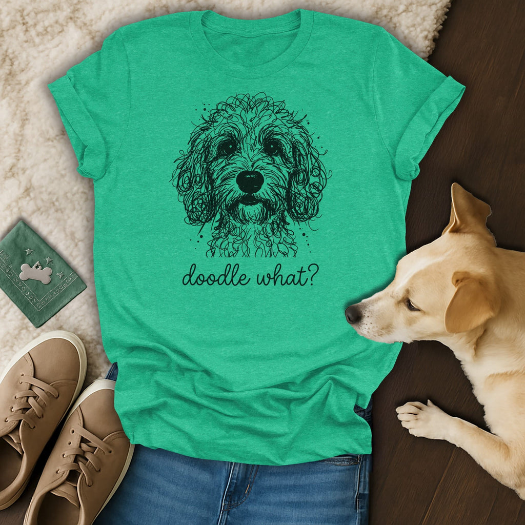 Green t-shirt with a sketch of a doodle dog and the text "doodle what?".