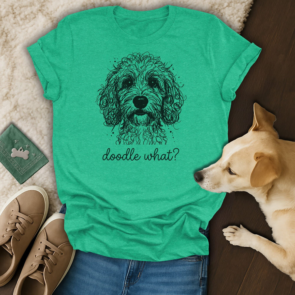 Green t-shirt with a sketch of a doodle dog and the text "doodle what?".