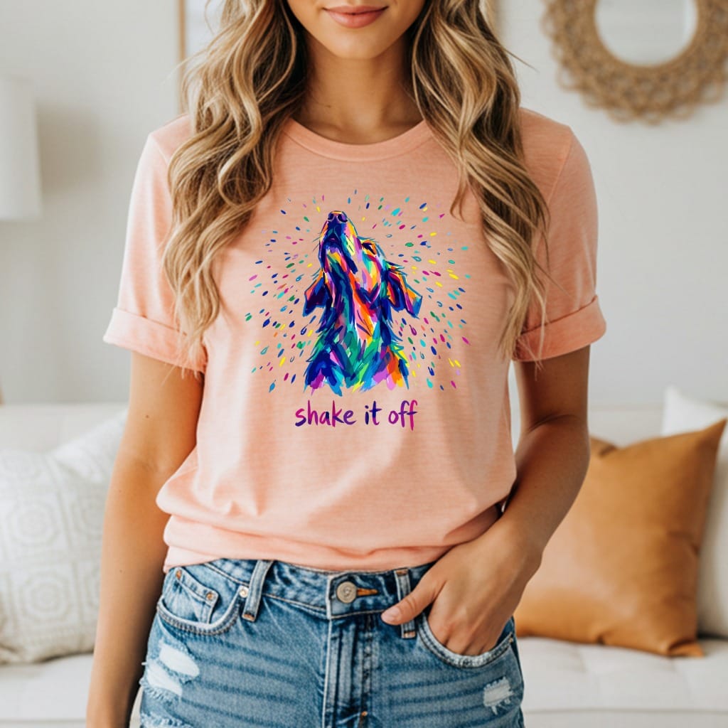 Peach t-shirt with a colorful wolf howling and text "shake it off".