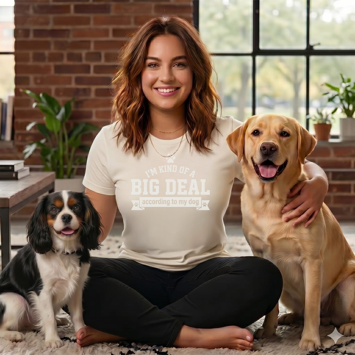 Woman wearing a "I'M KIND OF A BIG DEAL according to my dog" t-shirt with two dogs.