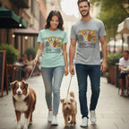 Couple walking dogs wearing shirts advertising "DOG PARK WORLD TOUR".