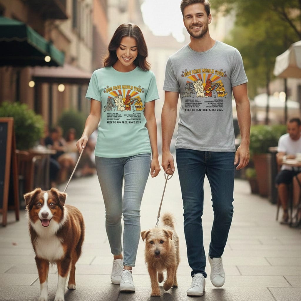 Couple walking dogs wearing shirts advertising "DOG PARK WORLD TOUR".