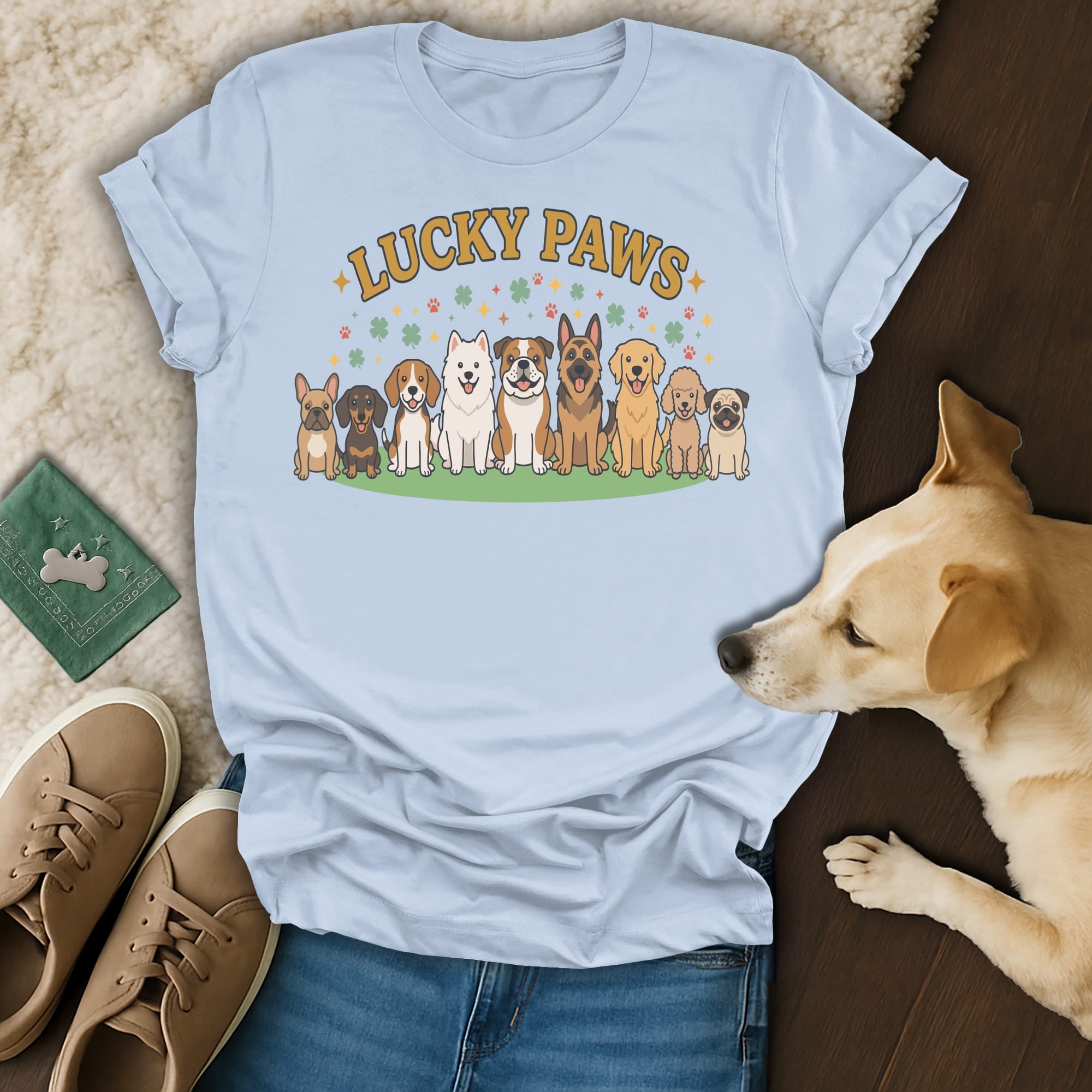 Lineup of diverse dog breeds on a light blue t-shirt, "Lucky Paws" text above.