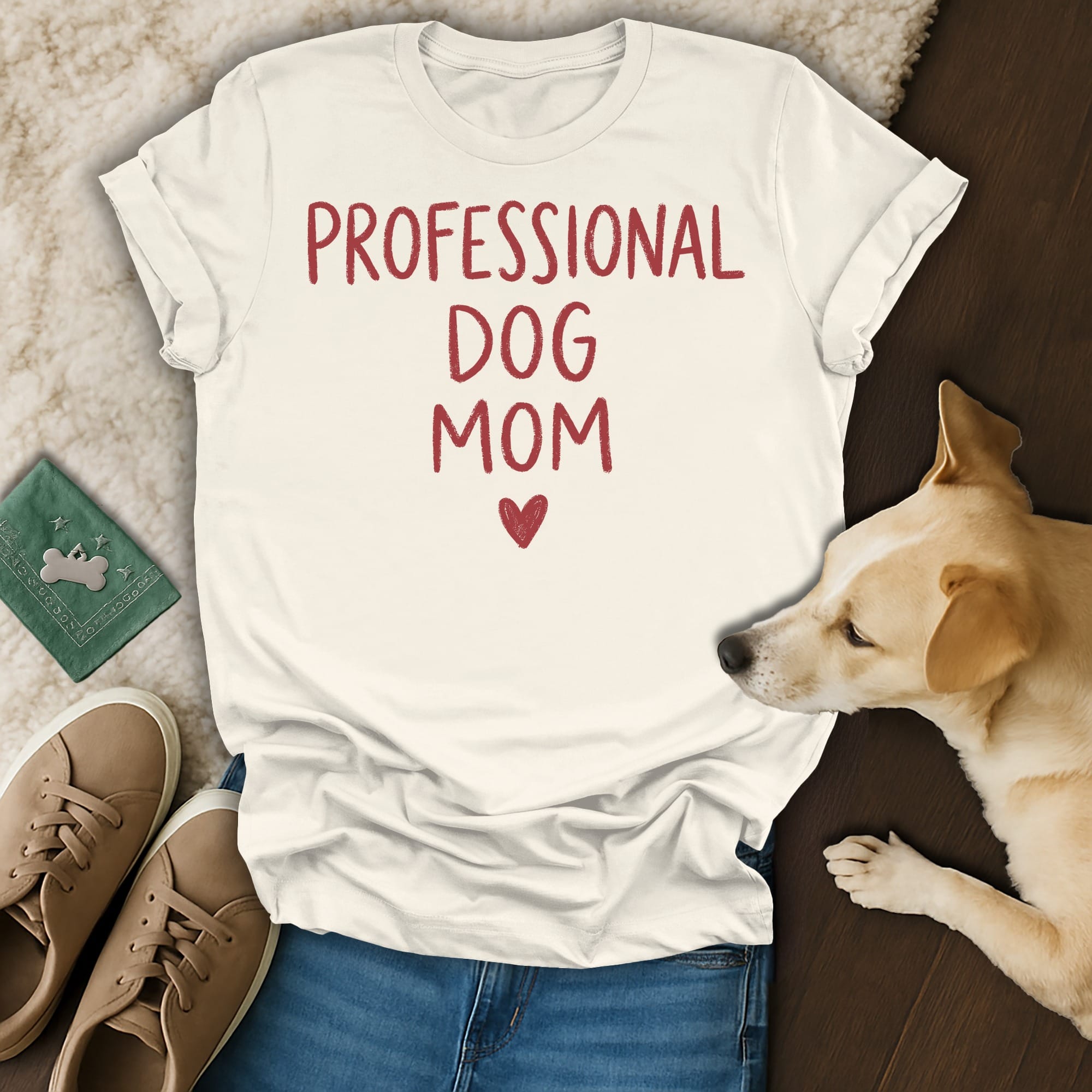 Cream t-shirt with red text "PROFESSIONAL DOG MOM" and a heart.
