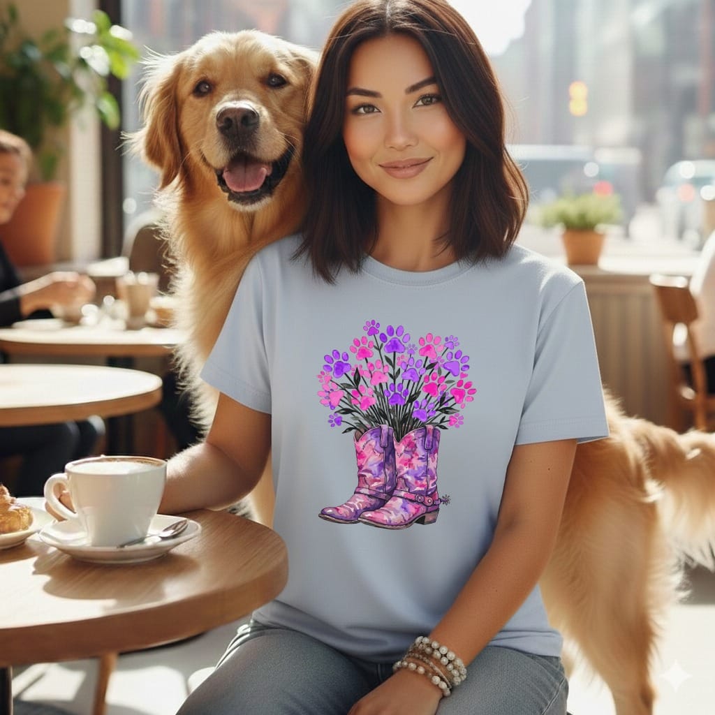 Woman with golden retriever wearing a t-shirt with pink and purple boots graphic.