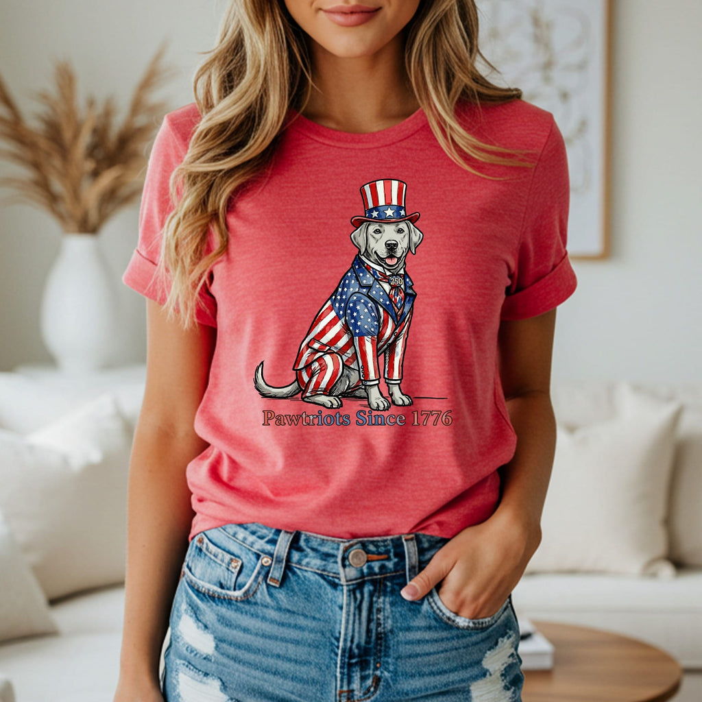 Labrador wearing a flag-themed suit and hat, "Pawtriots Since 1776" text.