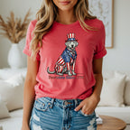 Labrador wearing a flag-themed suit and hat, "Pawtriots Since 1776" text.